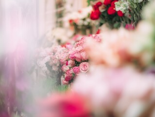 Blurred defocused Lush floral display with roses and vivid petals, trimmed stems and boutique styling create vibrant centerpiece for wedding or luxury event, softfocus