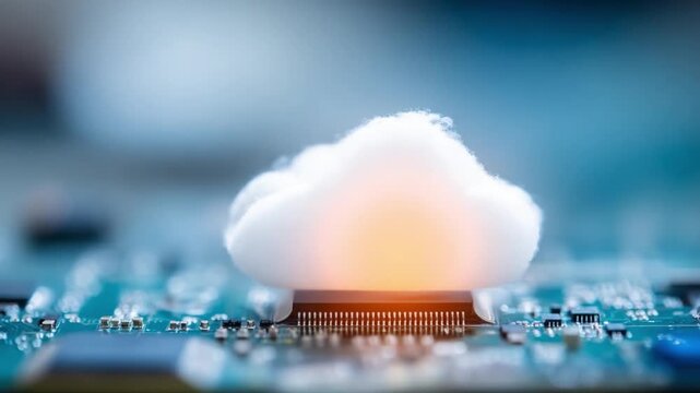 Cloud Computing: A striking visual representation of cloud computing concept, with a miniature cloud delicately perched atop a computer motherboard.