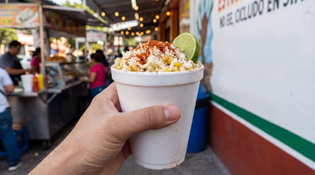 Hand holding cup of esquites with lime and chili powder at street stall