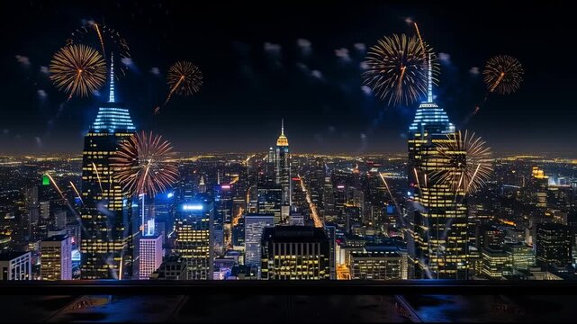 Fireworks explode above city skyline at night with festive light displays
