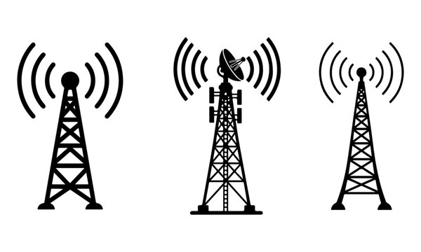Set of 3 black cell tower icons with signal waves