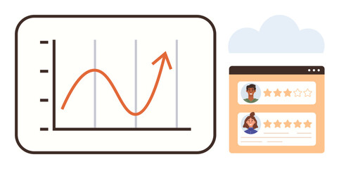 Business analytics, customer feedback, online reviews, data trends, market performance, cloud services. Graph with upward growth curve and customer rating panel. Business analytics and customer