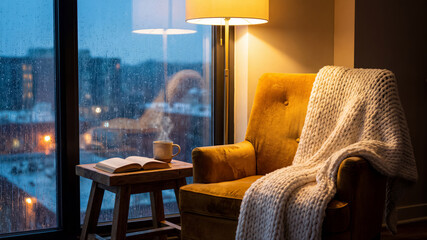 Cozy armchair, book, and coffee by rainy window
