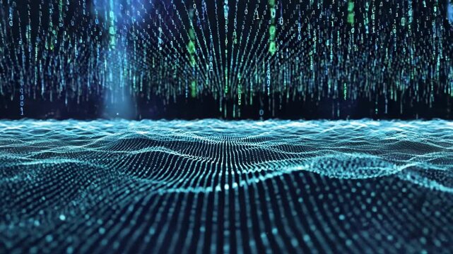 Abstract digital landscape with flowing data waves and binary code in a futuristic cyber environment