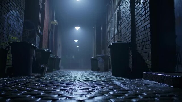 A dimly lit alley at night, cobblestone street, cat walking away, with bins and brick walls