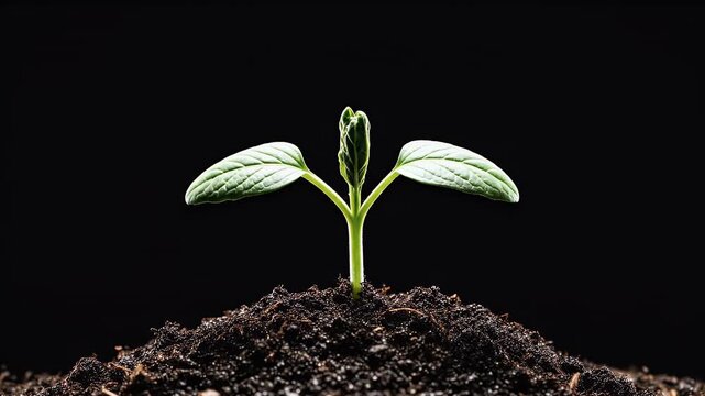 Time-lapse of small seedling sprouting and growing leaves on black background