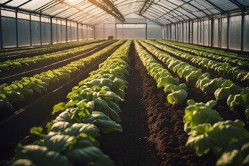 Rows of green plants growing in a greenhouse during evening light on a warm day in agriculture Generative AI