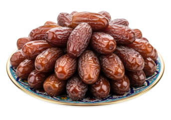 ripe medjool dates on decorative plate, closeup for ramadan