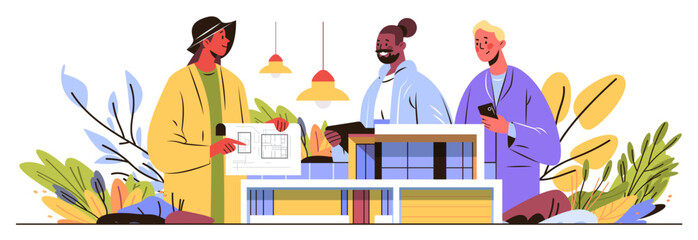 Architects teamwork modern building project collaboration people discussing blueprint holding model construction site plants lamps abstract background