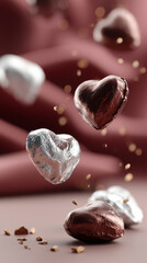 Heart Shaped Chocolates Wrapped in Silver and Brown Foil Floating in Air