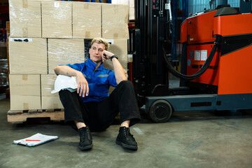 Warehouse staff in  shirt sitting leaning against boxes resting helmet on knee representing moment...