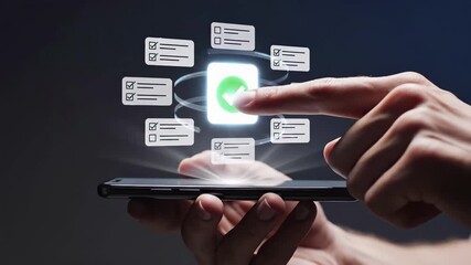 Digital checklist interface emerges from smartphone with glowing checkmark surrounded by task cards. Mobile productivity app for management, goal tracking, workflow organization, project completion