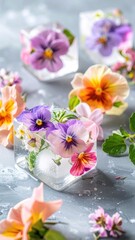 Flowers frozen in ice cubes, close-up