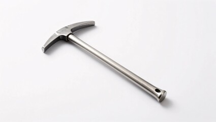 A realistic and weathered metal pickaxe lies on a clean white background, featuring a textured handle and worn head, creating a rustic or vintage aesthetic suitable for mining or history themes.