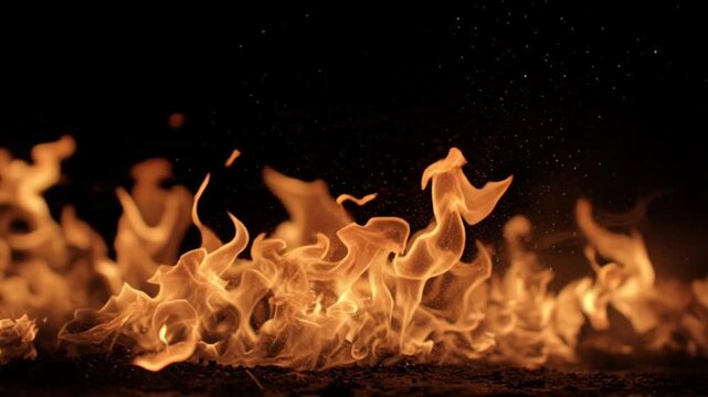 Dynamic fire display with intense golden flames licking a dark surface, showcasing fiery energy