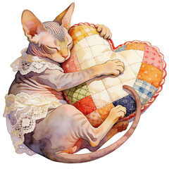 A tender moment of a Sphynx cat nestled with a heart-shaped pillow in a cozy watercolor embrace.