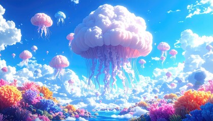 Jellyfish clouds float above land
