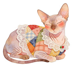A charming illustration of a Sphynx cat in a patchwork outfit, embodies whimsical charm with a touch of elegance, capturing a sense of comfort and uniqueness.