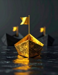 Gold and black origami paper boats