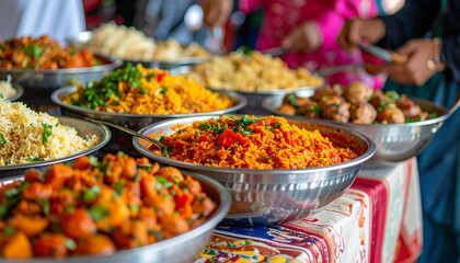 Obraz premium Assorted Dishes on Display at a Vibrant Food Festival with Varied Cuisine and Cultural Delicacies