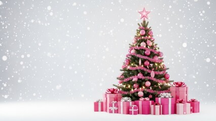 Obraz premium Christmas tree with pink decorations isolated on transparent background