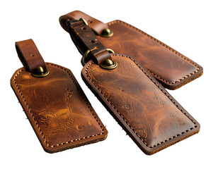 Three brown leather luggage tags with stitched edges