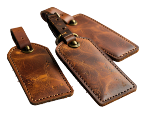 Three brown leather luggage tags with stitched edges