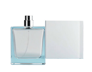 Square blue perfume bottle next to a white box
