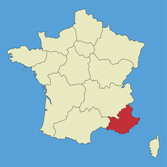 Obraz premium Map of Provence-Alpes-Cote d'Azur on a vector map of France. Regions of France. Vector illustration.