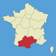 Obraz premium Map of Occitanie on a vector map of France. Regions of France. Vector illustration.