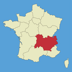 Obraz premium Map of Auvergne Rhone Alpes on a vector map of France. Regions of France. Vector illustration.