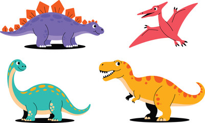 cute cartoon dinosaur illustration set, stegosaurus pterodactyl tyrannosaurus and brachiosaurus, colorful prehistoric animals, kids fantasy collection design © MstMuktarinaAkter