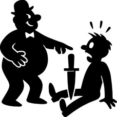 A knife stuck between the legs of boy in black and white silhouette vector 