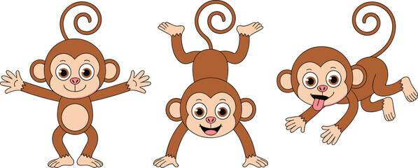 cute cartoon monkey characters set, playful baby monkeys poses, funny jungle animal illustration pack, kids friendly wildlife design collection © MstMuktarinaAkter