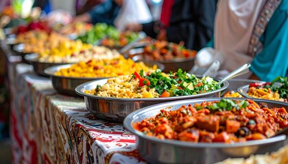Obraz premium Assorted international cuisine on display at a bustling street food market stall with various dishes and vibrant colors
