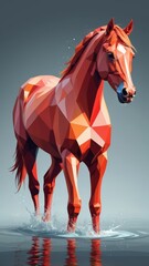 Red Low Poly Horse Standing and Running in Water Geometric Polygonal Animal Art Landscape_2