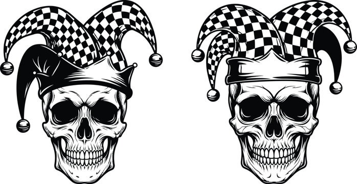 Symmetrical art of two skulls with crown and jester hat illustration