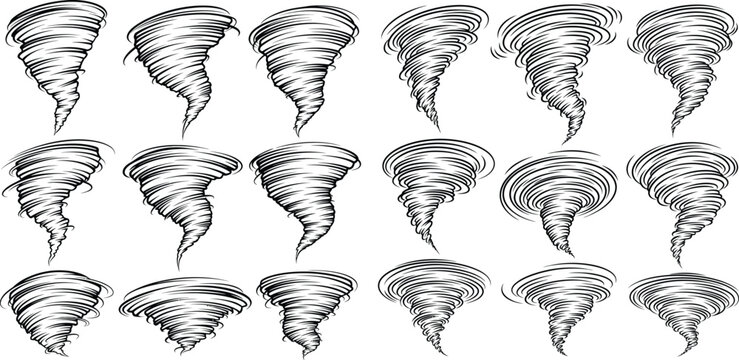 Tornado illustration collection, cyclone vortex drawing in simple design variations for weather or disaster concepts