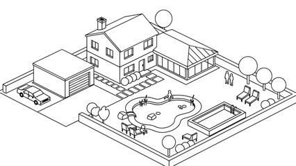 Fototapeta premium A large white house with a black roof and a swimming pool in the backyard