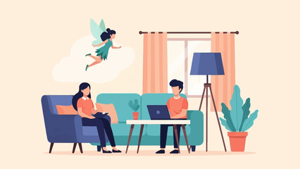 Two people relax in a living room, one working on a laptop, while a fairy flies above in a cloud