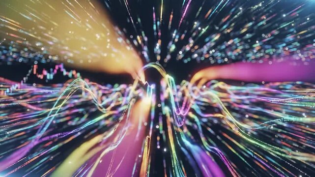 Abstract digital data network with flowing light streams and particles. Futuristic technology visualization of speed internet connectivity and information transfer. Dynamic cyber communication