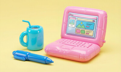 Inflatable pink laptop with blue cup and pen