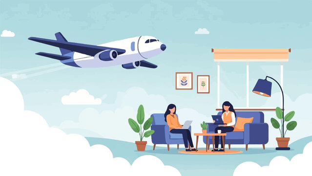 Two women remotely work on laptops inside a room, a plane flies past the window in a cloudy sky