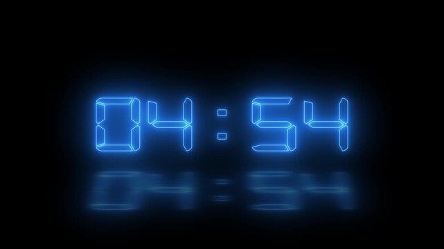 Glowing neon LED timer for 5 minutes countdown with reflection on gradient background.