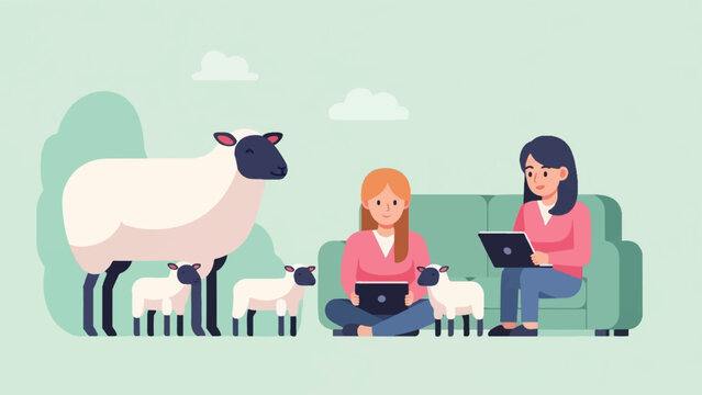 Two women work on laptops amidst sheep and lambs in a minimalist, light green setting