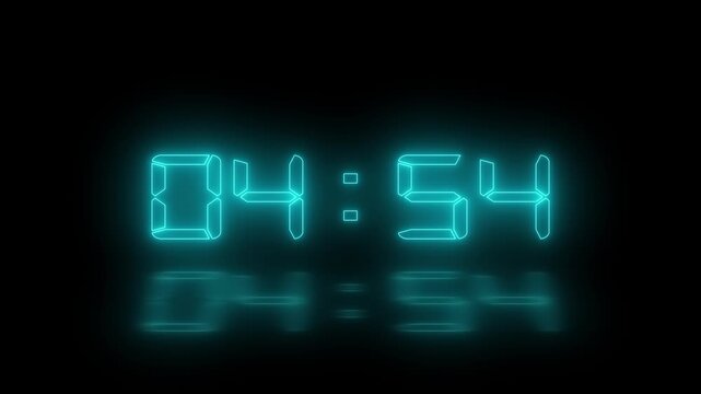 Green neon LED timer for 5 minutes countdown with reflection on gradient background. 4K video