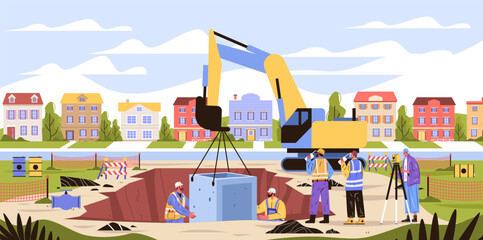 Construction workers excavator residential neighborhood infrastructure installation teamwork heavy machinery surveying safety equipment modern cityscape