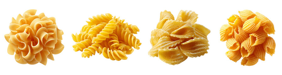 Assortment of Various Dry Italian Pasta Shapes Isolated on PNG, transparent background