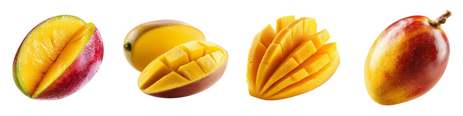 Fresh ripe mango fruit set with whole mango, slices and diced cubes PNG, transparent background