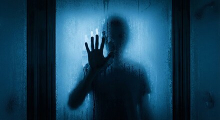 Spooky Silhouette of a Person Peering Through a Frosted Glass Door with a Hand Pressed Against It